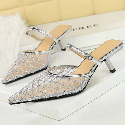 BIGTREE Shoes Mesh Lace Pointed Women Sandals Buckle Kitten High Heels Stiletto Summer Sexy Half Slipper Women Shoes Breathable