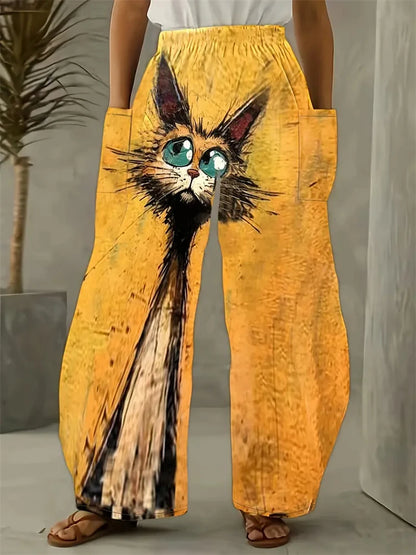 Women's Large Size Cartoon Cat Loose Wide-legged Pants Fall And Winter Casual Elastic Waist Pants Home Large Size Women Clothing