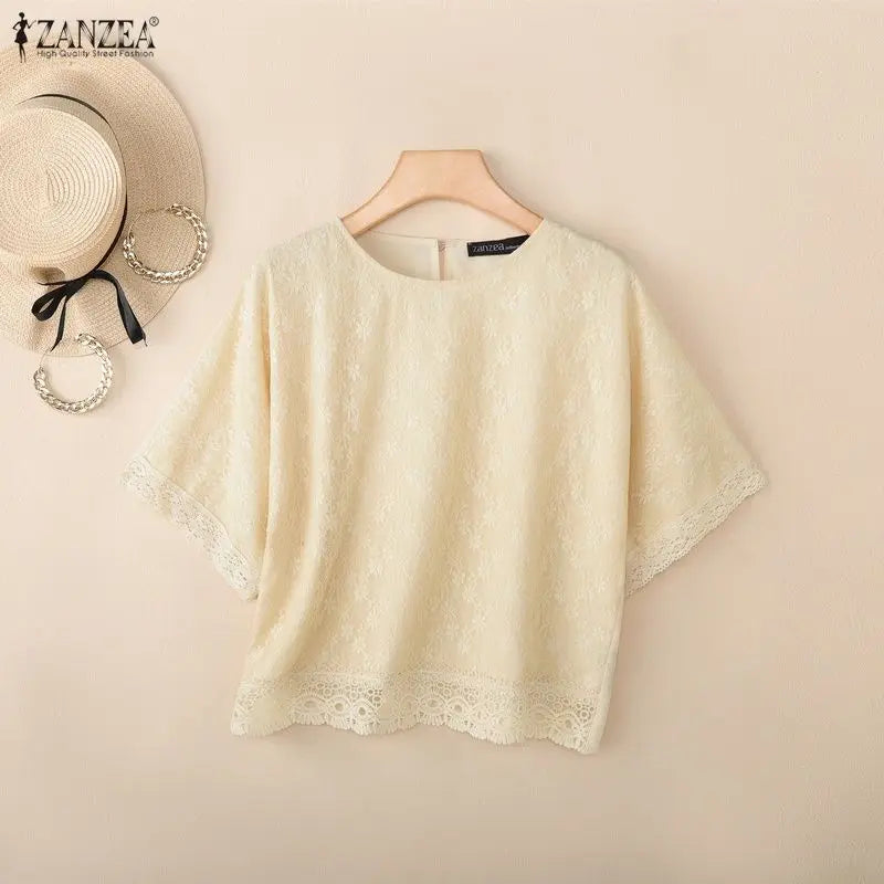 ZANZEA Women Bohemian Lace Patchwork Blouses Loose O-Neck Half Sleeve Solid Color Tops 2026 Summer Daily Casual Blusas de Mujer