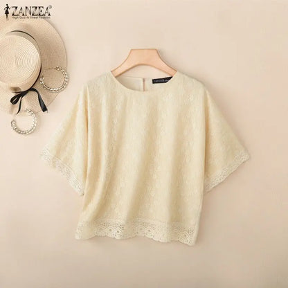 ZANZEA Women Bohemian Lace Patchwork Blouses Loose O-Neck Half Sleeve Solid Color Tops 2026 Summer Daily Casual Blusas de Mujer
