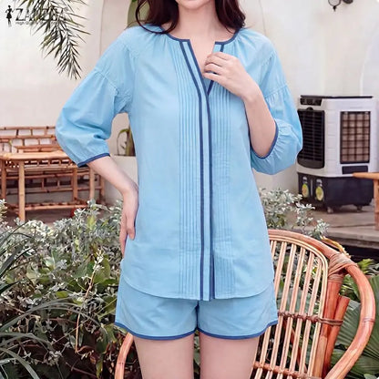 ZANZEA Women's Casual Short Sets Summer 3/4 Lantern Sleeve Contrast Trim V-Neck Shirt & Elastic Waist Shorts 2pcs Suits Outfits
