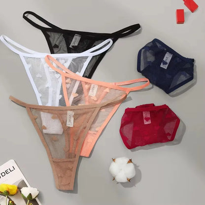 2Pcs Heart See Through Mesh G-String T-Pants Underpants Sexy Lace Sheer Underwear Women's Low Waist  Lingerie Thong Panties