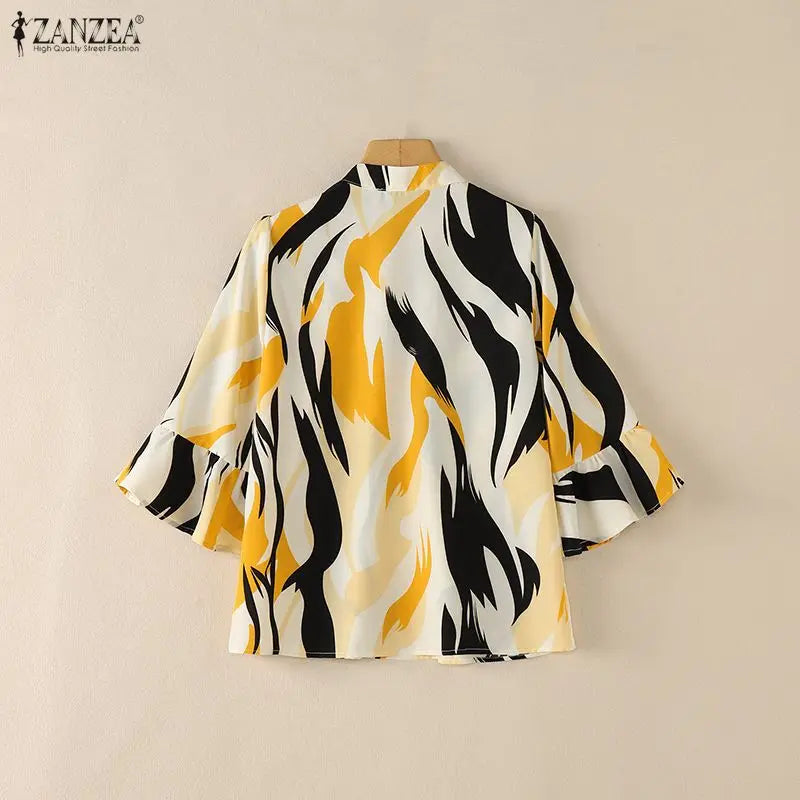ZANZEA Elegant All-Over Print Blouses Woman Retro Mandarin Collar 3/4 Flare Sleeves Loose Tops Summer Bohemian Blusas de Mujer