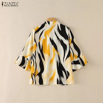 ZANZEA Elegant All-Over Print Blouses Woman Retro Mandarin Collar 3/4 Flare Sleeves Loose Tops Summer Bohemian Blusas de Mujer