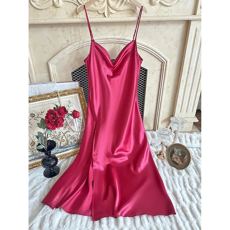 Summer New Chemise Nightgown Sexy Backless Spaghetti Strap Nightdress Sleepwear Women Loose Satin Home Wear Intimate Lingerie