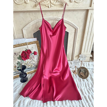 Summer New Chemise Nightgown Sexy Backless Spaghetti Strap Nightdress Sleepwear Women Loose Satin Home Wear Intimate Lingerie