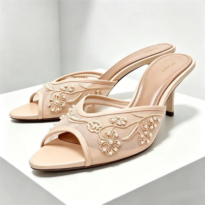 Summer Mesh Embroidery Brown Slippers Women Sexy Peep Toe Heeled Sandals for Ladies Elegant String Bead Decorative Designer Shoe