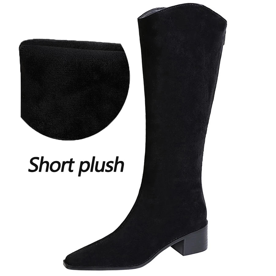 BIGTREE Shoe Women Knee-High Boots Suede Knight Boots Women Shoes Rear Zipper High boots Thick Heel Autumn Winter Boots Mid Heel
