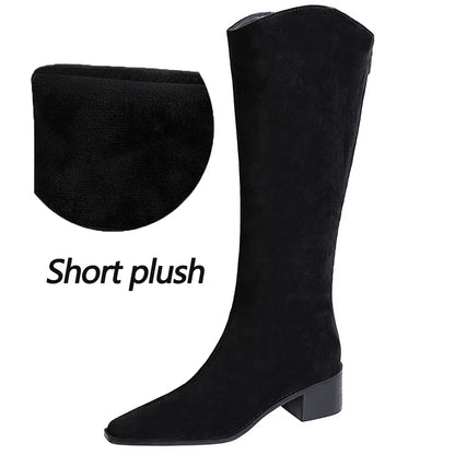 BIGTREE Shoe Women Knee-High Boots Suede Knight Boots Women Shoes Rear Zipper High boots Thick Heel Autumn Winter Boots Mid Heel