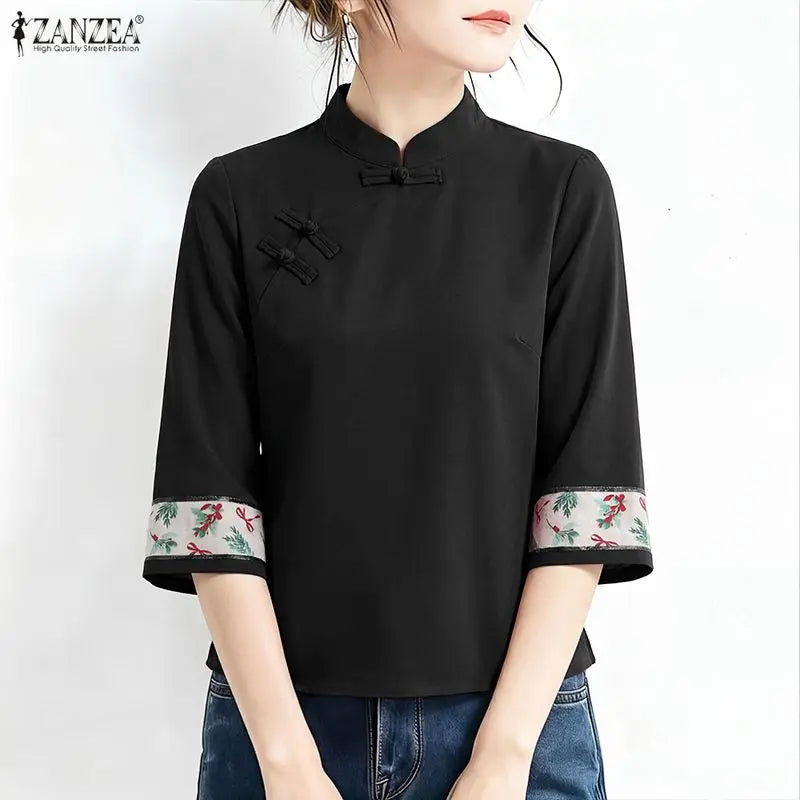 ZANZEA Vintage Blouses for Woman Frog Buttons Mandarin Collar Printing Patchwork 3/4 Sleeves Tops Elegant Retro Blusas de Mujer
