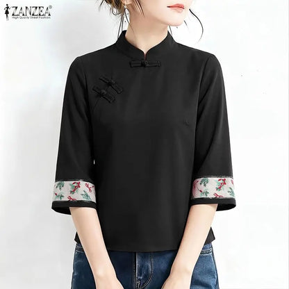 ZANZEA Vintage Blouses for Woman Frog Buttons Mandarin Collar Printing Patchwork 3/4 Sleeves Tops Elegant Retro Blusas de Mujer