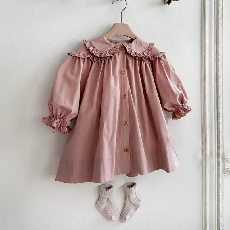 2026 Spring New Children Long Sleeve Casual Dress Cotton Girls Cute Loose Puff Sleeve Dress Toddler Cardigan Dress Kids Clothes