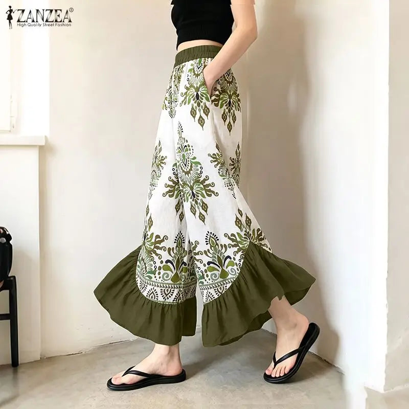ZANZEA Casual Loose Ladies Bottoms Women's Pants Vintage Printed Trouser Patchwork Fashion Long Elegant Pants
