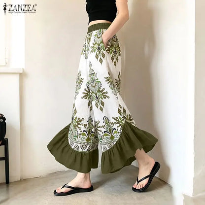 ZANZEA Casual Loose Ladies Bottoms Women's Pants Vintage Printed Trouser Patchwork Fashion Long Elegant Pants