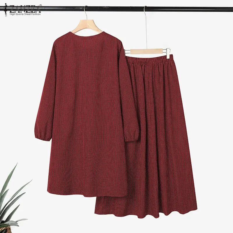 2026 ZANZEA Muslim 2 Pieces Sets Long Shirt Dress Suit Hijab Tracksuit Oversize Plaid Outfit Women Long Sleeve Tops Kaftan Skirt