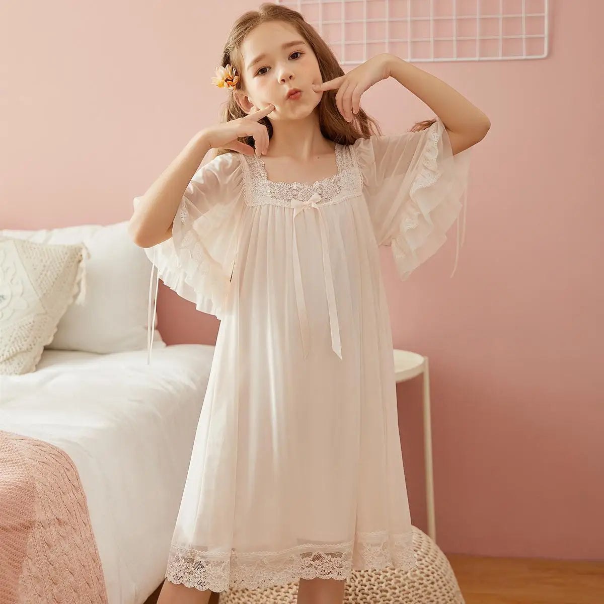 Girls Princess Long Nightgown Short Sleeve Lace Mesh Spring Summer Homewear Matching Family Pajamas Set