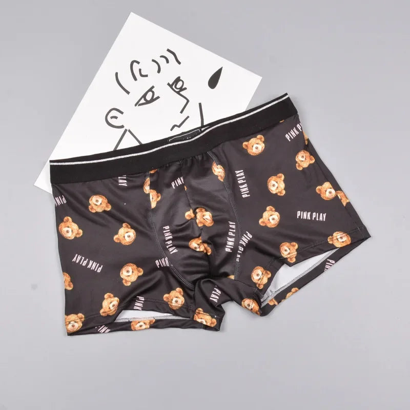 Couple Panties Set Sexy Lace Ice Silk Fabrics Underwear Men's Boxers Cartoon Bear Print Panties set Women's Briefs 1 PCS