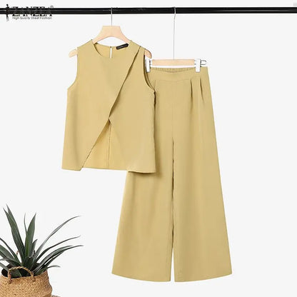 ZANZEA Summer Women Pant Sets Solid Color  Sleeveless Tops Wide Leg Pants Fashion 2PCS Two-piece Outfits OL Party Streetwear