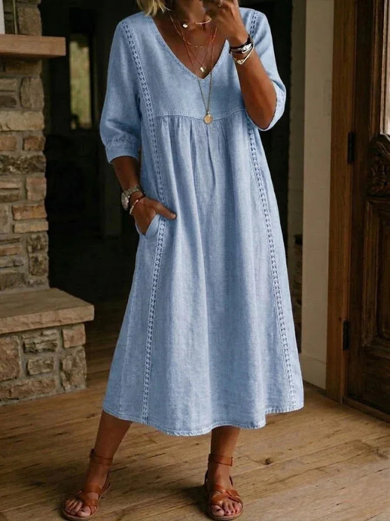 Women Summer Casual Loose V Neck Lace Splicing Midi Dress, Solid Three Quarter Sleeve Breathable Daily Vacation Dress