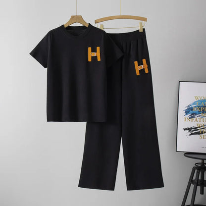 Lazy Fashion Suit Summer New Style Women's Short Sleeved Casual Sports Wide Leg Long Pants Two-piece Set Trendy Pant Sets
