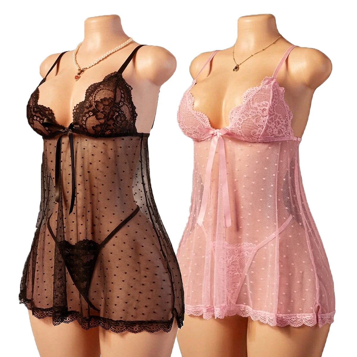 Women Sheer Chemise Lace Babydoll Transparent Design Strap Nightgown Erotic Lingerie Set With Thong See Through Sleepwear