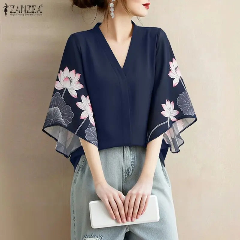 ZANZEA Floral Print Patchwork Casual Blouses for Woman V-Neck 3/4 Sleeve Blusas de Mujer Spring Summer Elegant Loose Tunic Tops
