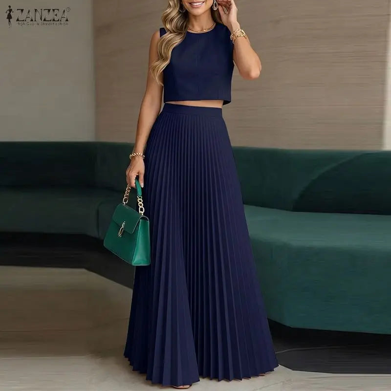ZANZEA Elegant Thin Women Dress Sets Solid Color Summer 2PCS Two-piece Outfits Sleeveless Tops Blouse Pleated Long Skirt OL Work