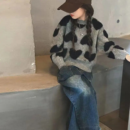 Girls' Autumn Winter 2025 Korean Style Heart Print Knit Sweater Kids' Pullover Trendy