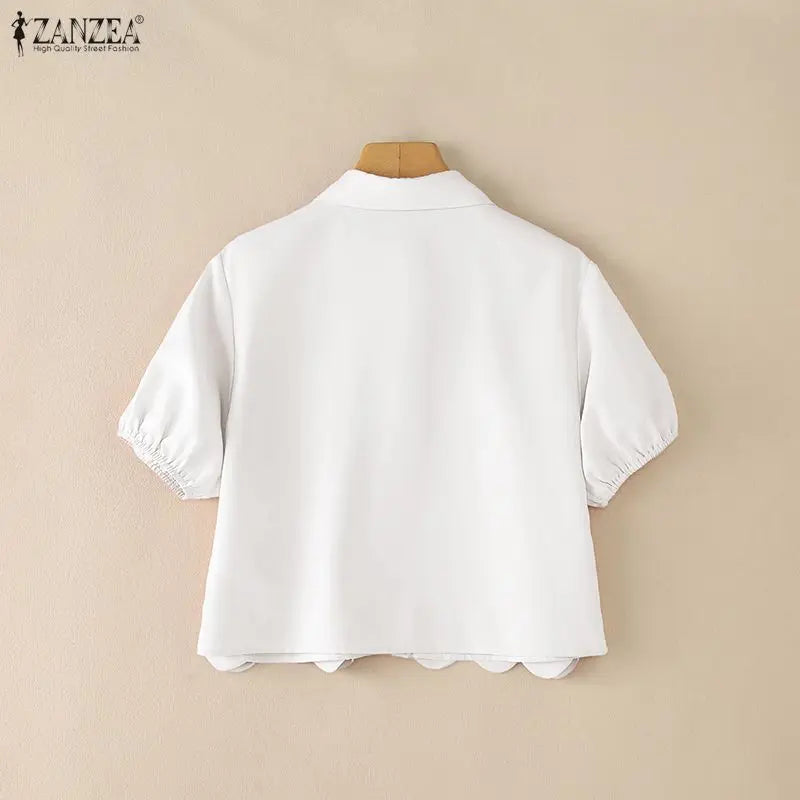 ZANZEA Heart-Shaped Detailing Short Shirt Women Short Puff Sleeve Turn-Down Collar Button Up Top Summer Streetwear Camisas Mujer