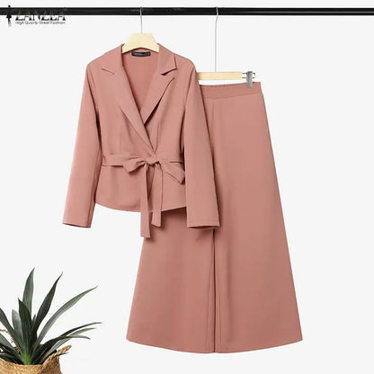 ZANZEA Women Pant Sets Elegant Office Wide Leg Pants Suit Long Sleeve Belted Solid Matching Sets Two-piece Outfits 2PCS