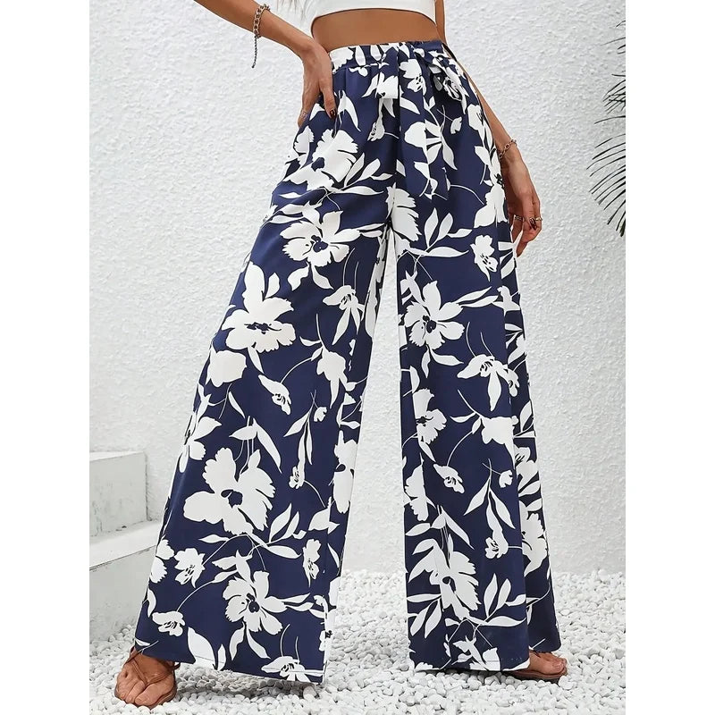 Summer Floral Print High-Waisted Wide Leg Pants Casual Comfortable Vacation Style Long Pants for Women