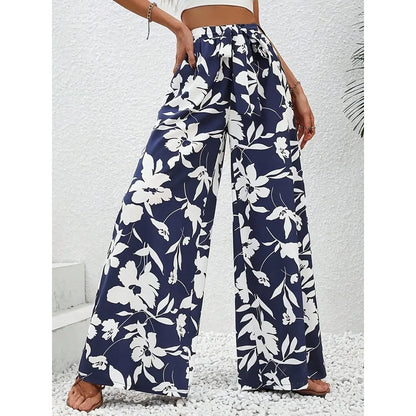 Summer Floral Print High-Waisted Wide Leg Pants Casual Comfortable Vacation Style Long Pants for Women