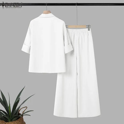 ZANZEA Elegant Woman Pant Suits Half-Button Long Sleeve Shirt & Wide Leg Pant 2 Pieces Sets Women's Casual Office Wear Outfits