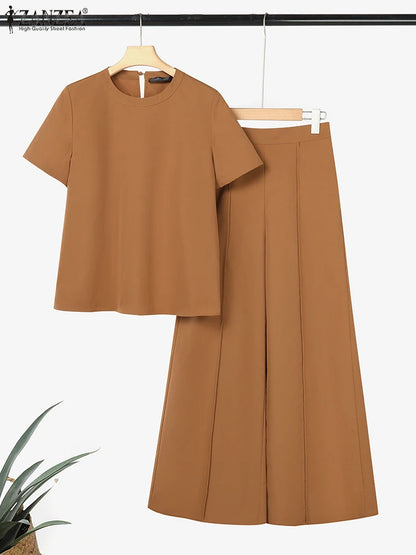 ZANZEA Summer Pant Sets Office Women 2 Pieces Set Elegant Short Sleeve Blouse Wide Leg Trousers Suit Fashion 2PCS Work OL Outfit