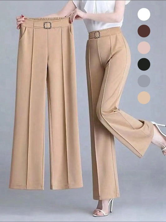 Women's Elegant Solid Color Toothpick Striped Design Straight Leg Loose Casual Commuter Pants Palazzo Trousers