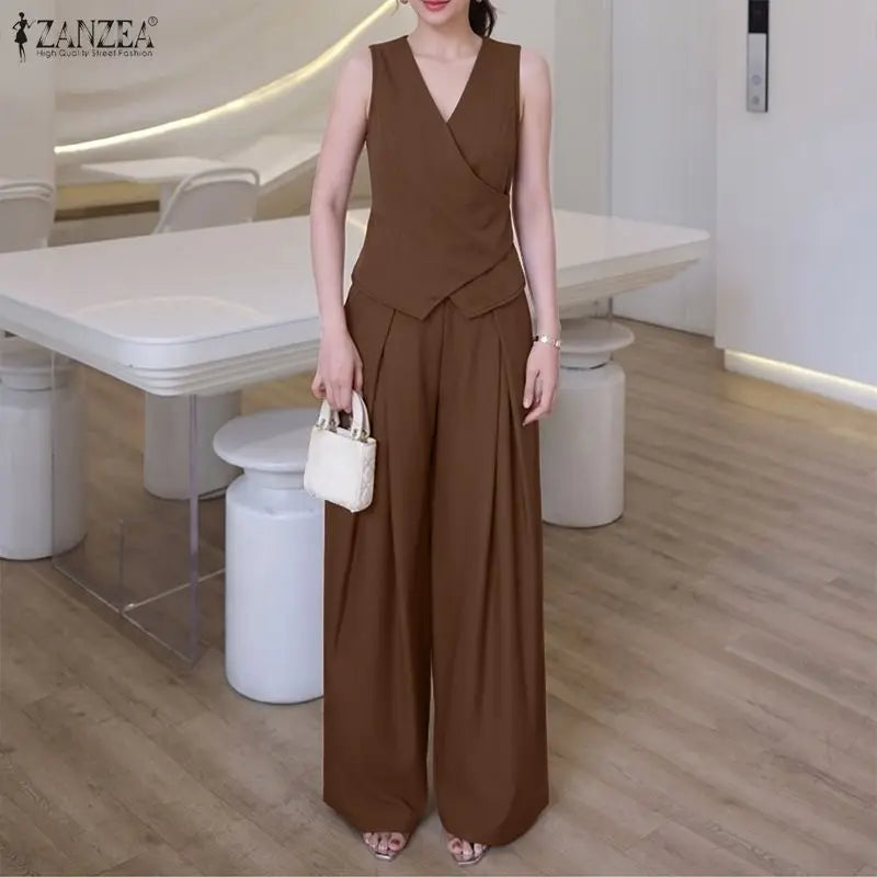ZANZEA Women Casual Chic 2-Piece Pant Sets Sleeveless Wrapped Tops & Wide Leg Pants Matching Sets Office Lady Work Wear Co-ords