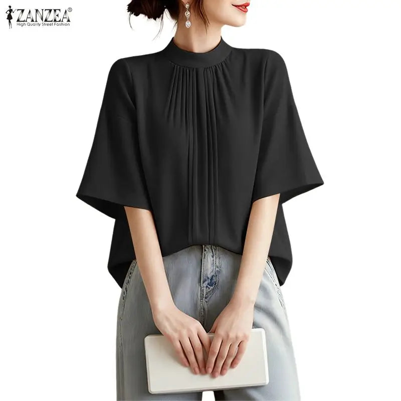 ZANZEA Elegant Loose Blouses Women's Stand Collar Half Sleeves Pleated Tops Summer Daily Casual Solid Color Blusas de Mujer