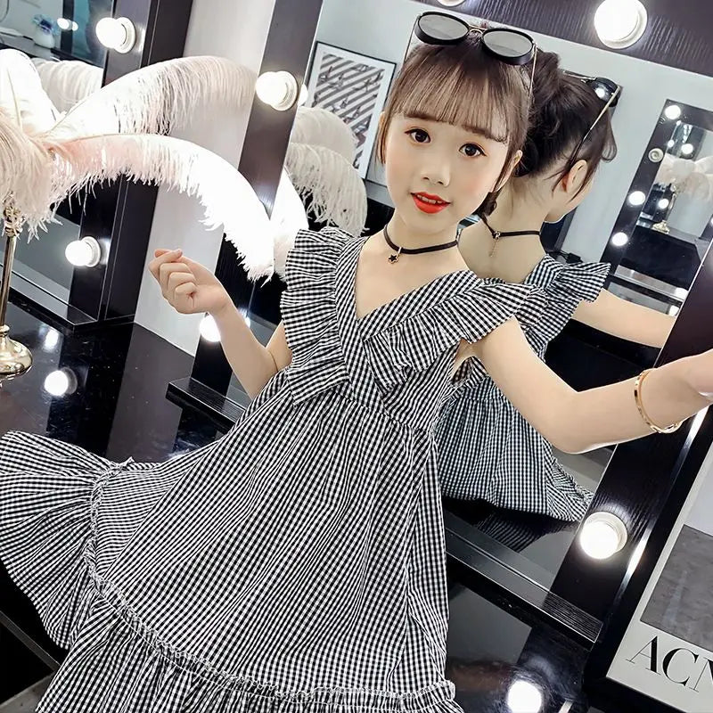 Preppy Cotton Dress 2025 Children's Clothing Elegant Dresses Girl Sets Birthday Summer Clothes Elementary Student Beach Girls
