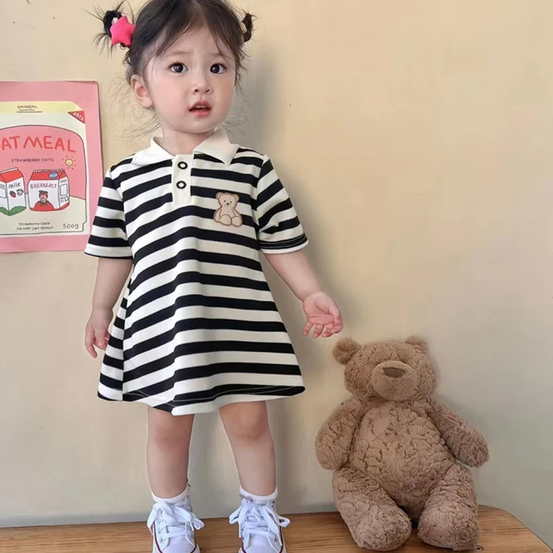1pcs Children Short Sleeve Dress Kids Leisure Skirts Summer Baby Black White Stripe Skirt Pupil Girls Fashion Clothes 80cm-160cm