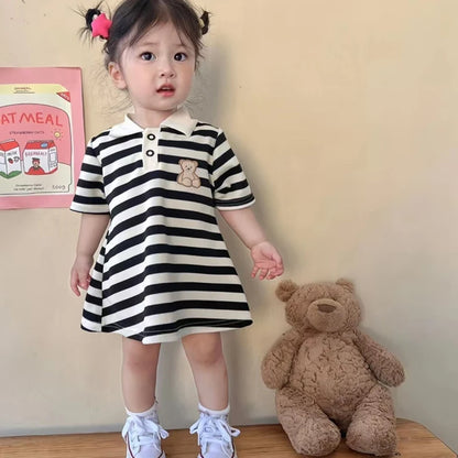 1pcs Children Short Sleeve Dress Kids Leisure Skirts Summer Baby Black White Stripe Skirt Pupil Girls Fashion Clothes 80cm-160cm
