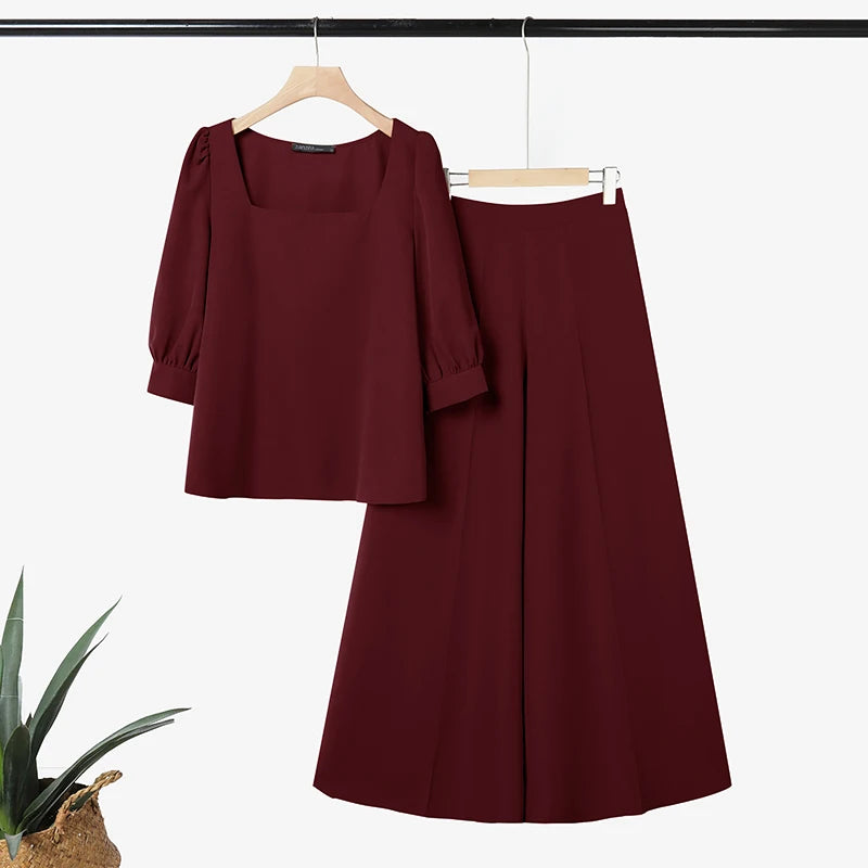 2026 Summer Outfits Elegant Women OL Work Wide Leg Pants Sets ZANZEA  Square Neck 3/4 Sleeve Blouse Trousers Solid 2 Pieces Sets
