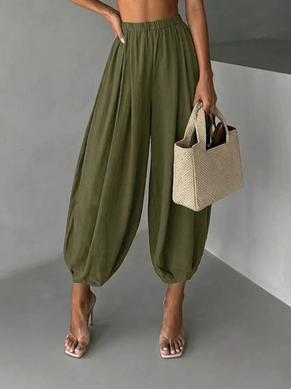 Summer Women's Clothing Loose Fit Harem Pants Retro Wide Leg Trousers With Elastic Waist Vintage Polyester Ice Silk Long Pants