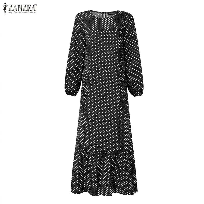 ZANZEA Casual Polka Dots Printed Women Muslim Abaya Dress O Neck Long Sleeve Sundress Dubai Robe Kaftan Bohemian Maxi Dresses
