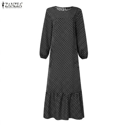ZANZEA Casual Polka Dots Printed Women Muslim Abaya Dress O Neck Long Sleeve Sundress Dubai Robe Kaftan Bohemian Maxi Dresses