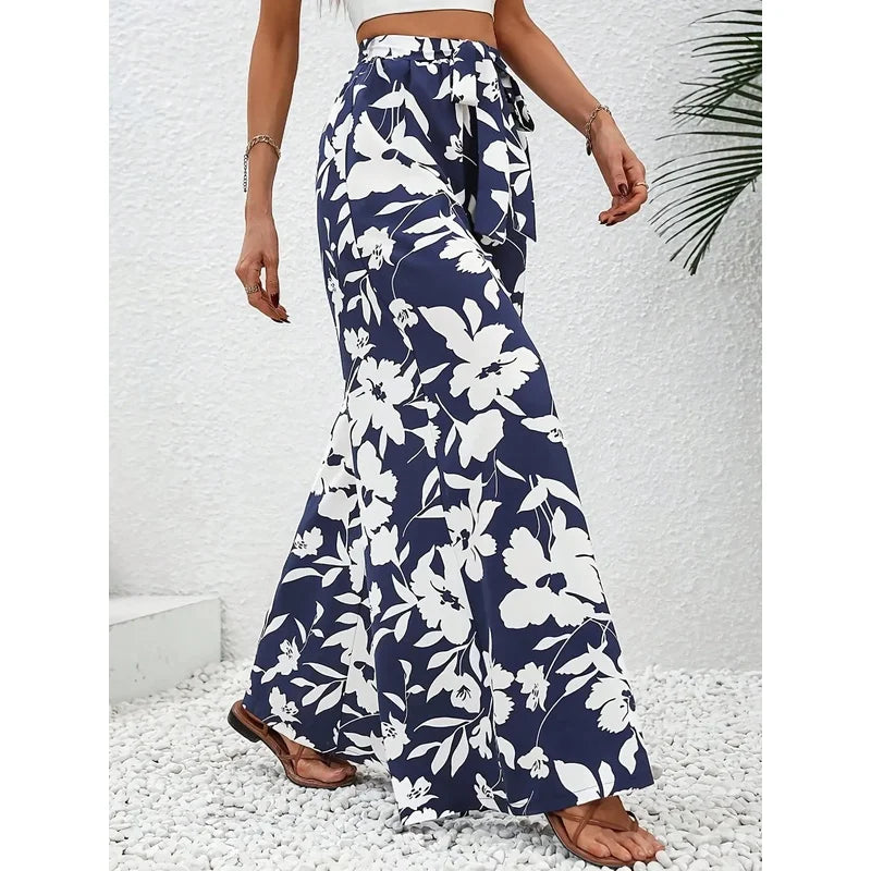 Summer Floral Print High-Waisted Wide Leg Pants Casual Comfortable Vacation Style Long Pants for Women