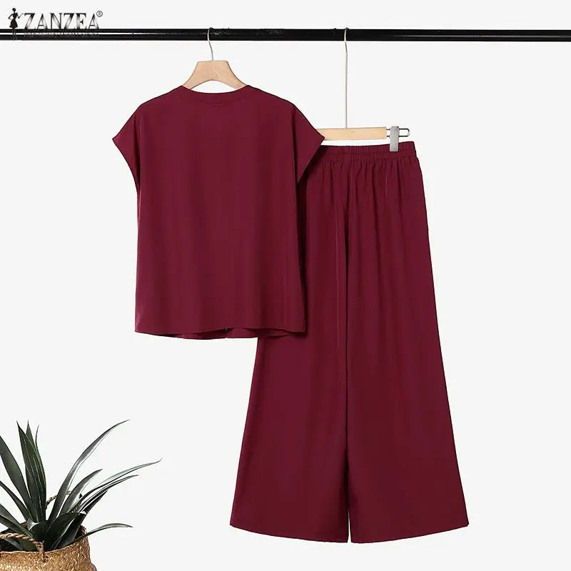 ZANZEA Women Minimalist Casual 2-Piece Sets Cap Sleeves O-Neck Shirt & Wide Leg Pant Matching Sets Summer Solid Commute Co-ords