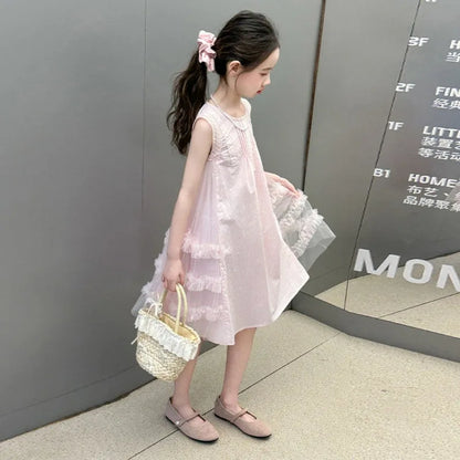 Mesh Skirt Summer Outfit for Girls Cotton Dress Elegant Girl Clothes 7 8 Years Kids Dresses 10 Old Sale Party Pink Princess Suit