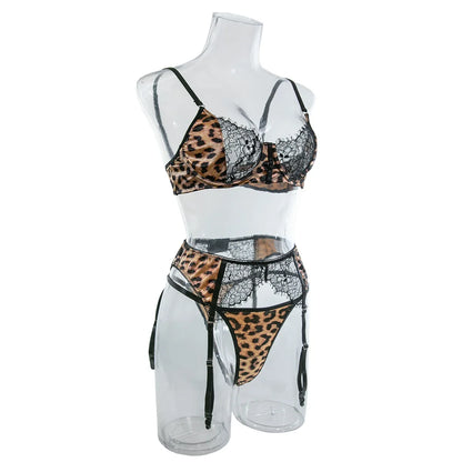 Sexy Wild Leopard Printed Lace Patchwork Lingerie Set Women Comfortable Three Piece Bra and Panty Set Female Exotic Apparel Suit