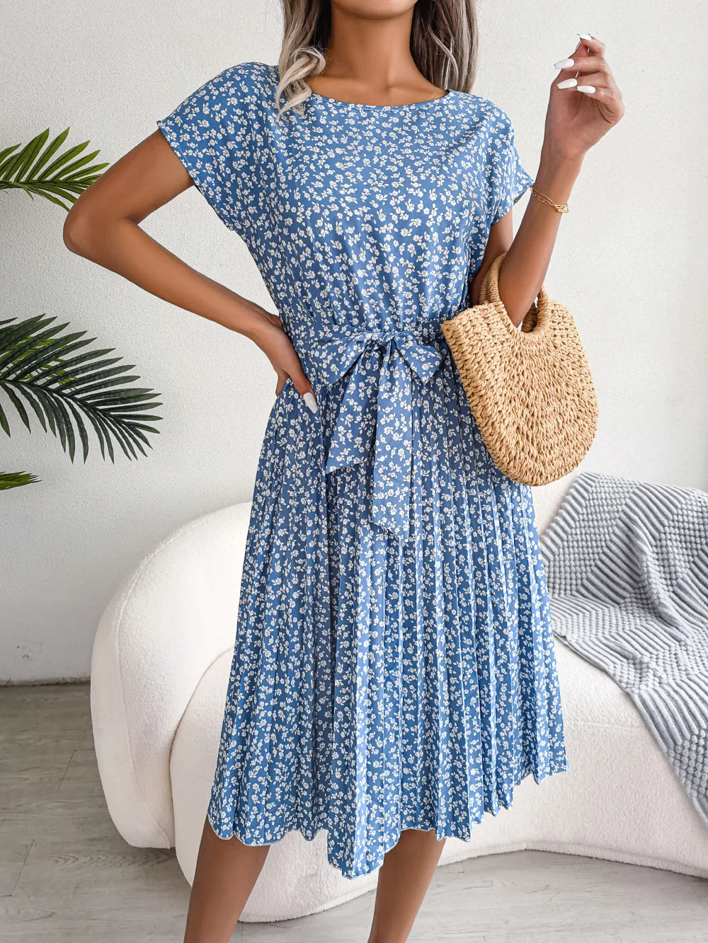 Ficusrong Fashion Floral Pleated A Line Long Dress Women Spring Summer Short Sleeve High Waist Chic Dress