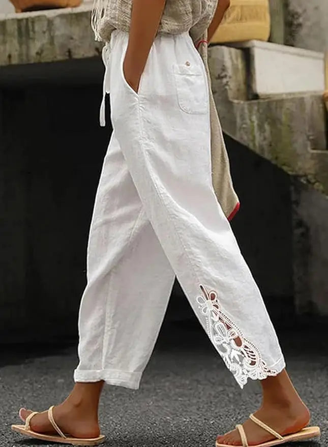 2026 Women's Pants Elastic Waist Solid Color Lace Spliced Drawstring Pocket Simple Fashion Basic Casual 9-point Pants